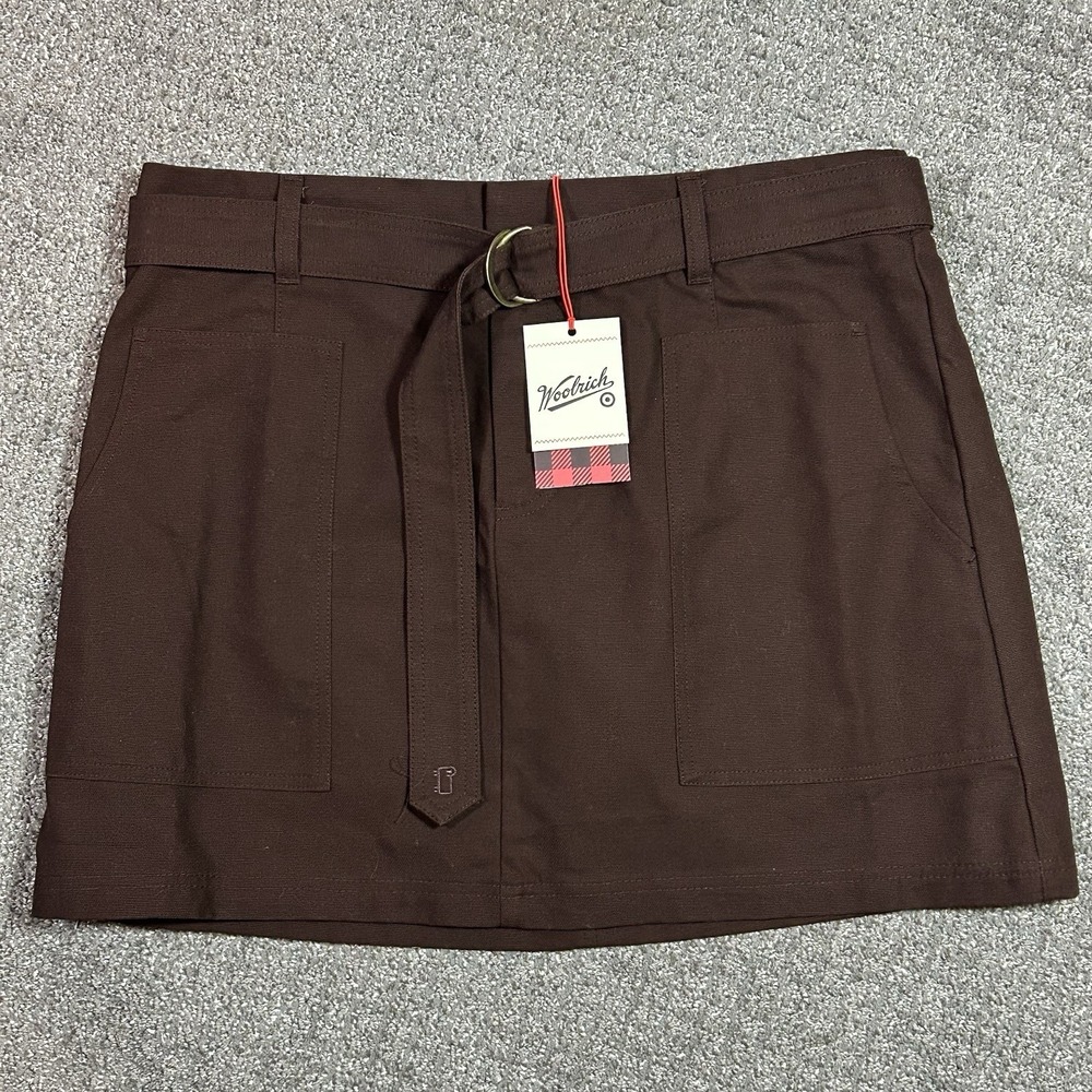 *NWT* Woolrich Brown Denim Mini Skirt - Size LARGE- Cotton Utility Pocket Belted